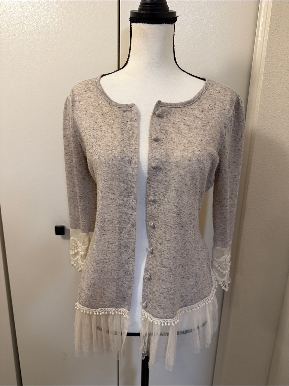 Light tan brown Lace-Trim Button Cardigan Sweater